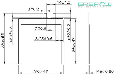 0.8mm超薄電池GRP0849049結構圖